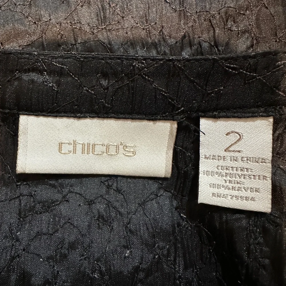 Chico's Black Tunic Length 3/4 Sleeve Crinkly Button Down Satin Blouse 2 Medium - Picture 15 of 16